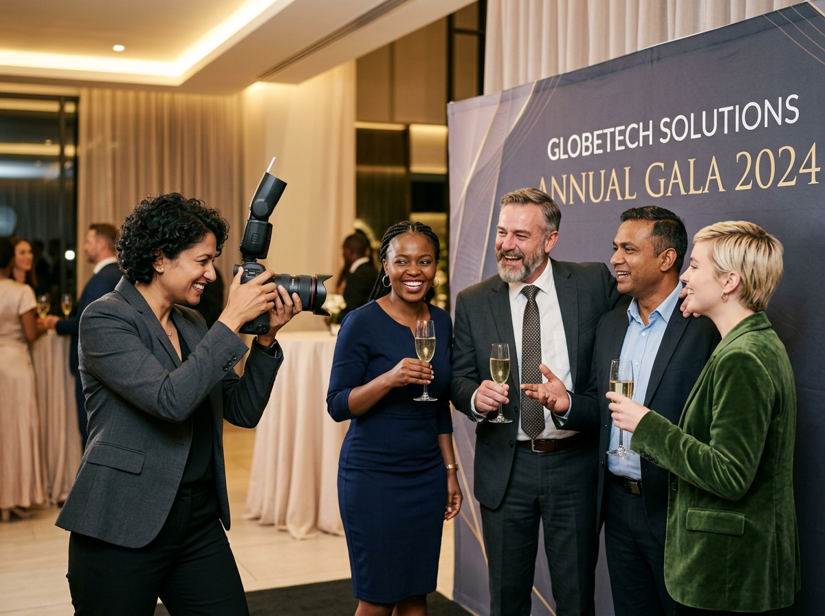 Event photographer shooting guests on the floor of a corporate function