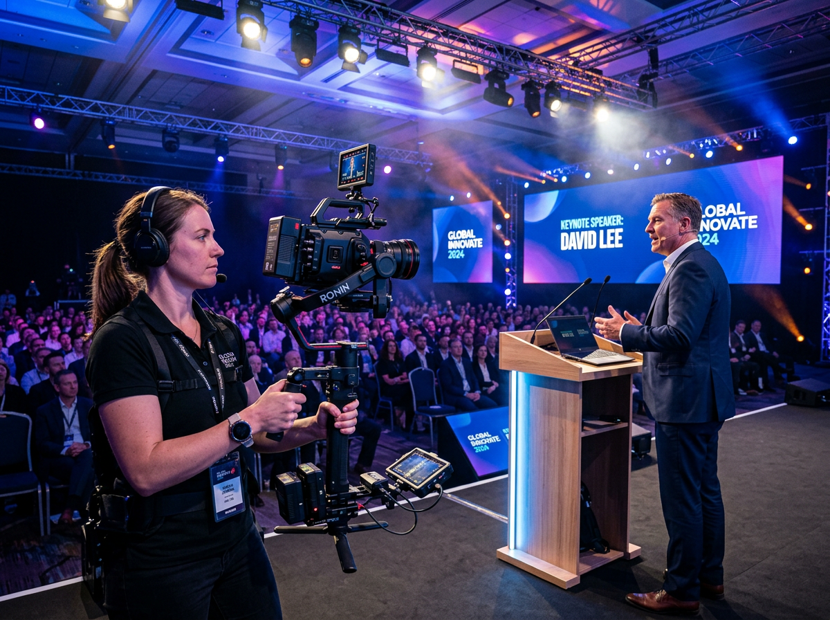 Videographer filming a stage performance with a gimbal-stabilised camera
