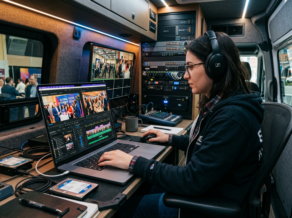Video editor cutting a same-day highlight reel in a mobile edit suite