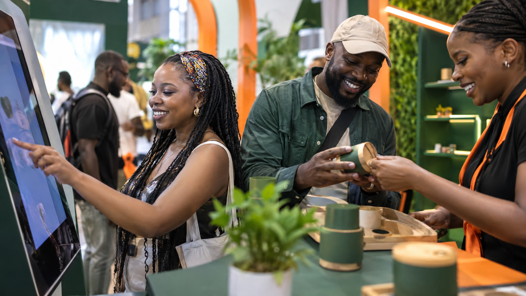 Attendees interacting hands-on at a branded experiential marketing booth