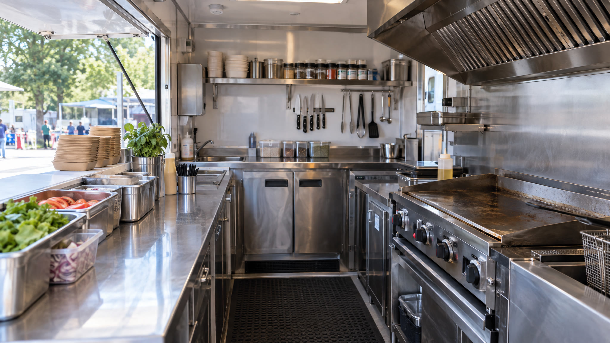 Inside a clean, compliant stainless-steel mobile food trailer kitchen
