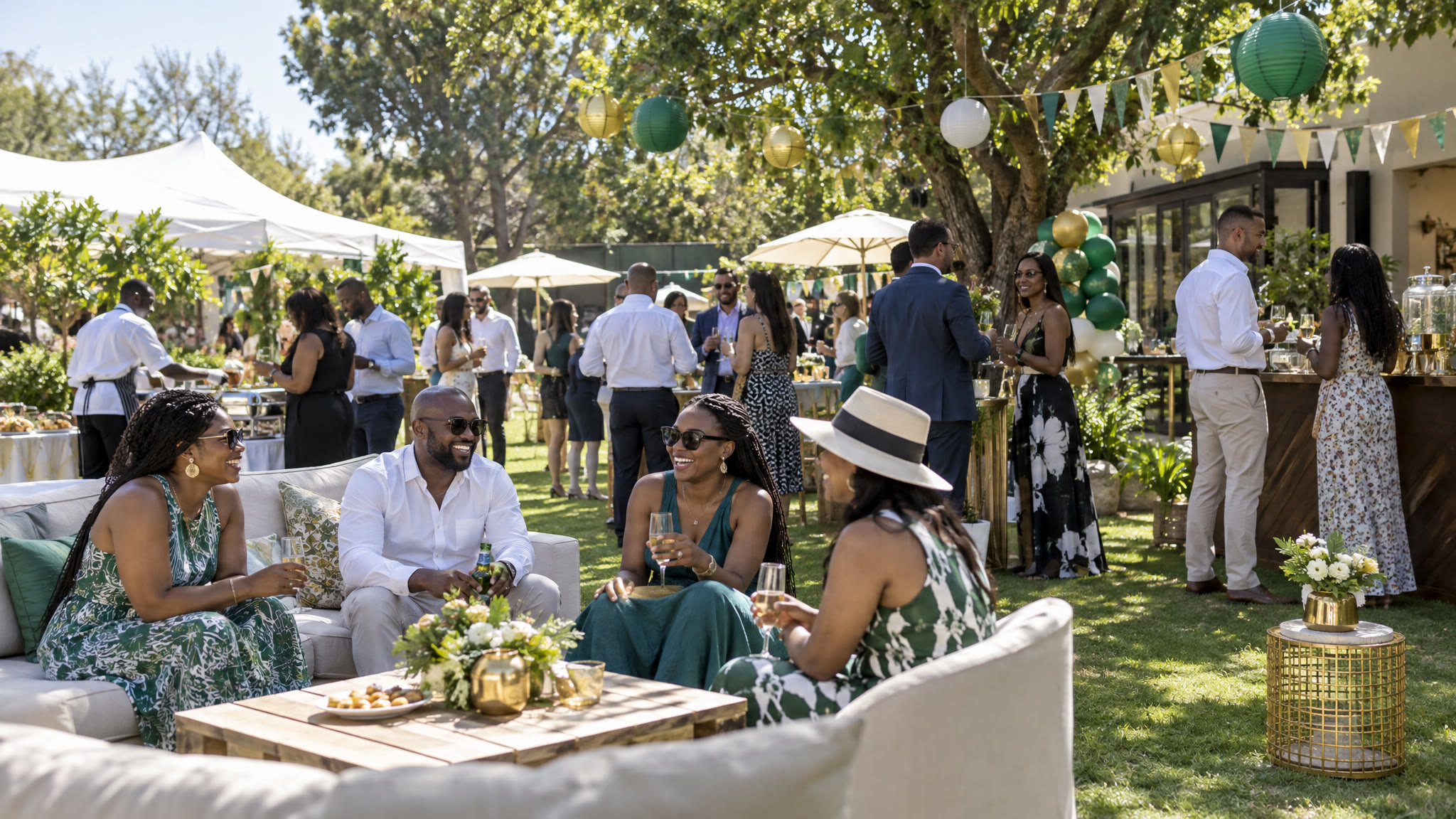 An outdoor summer garden-style corporate year-end function with festive decor