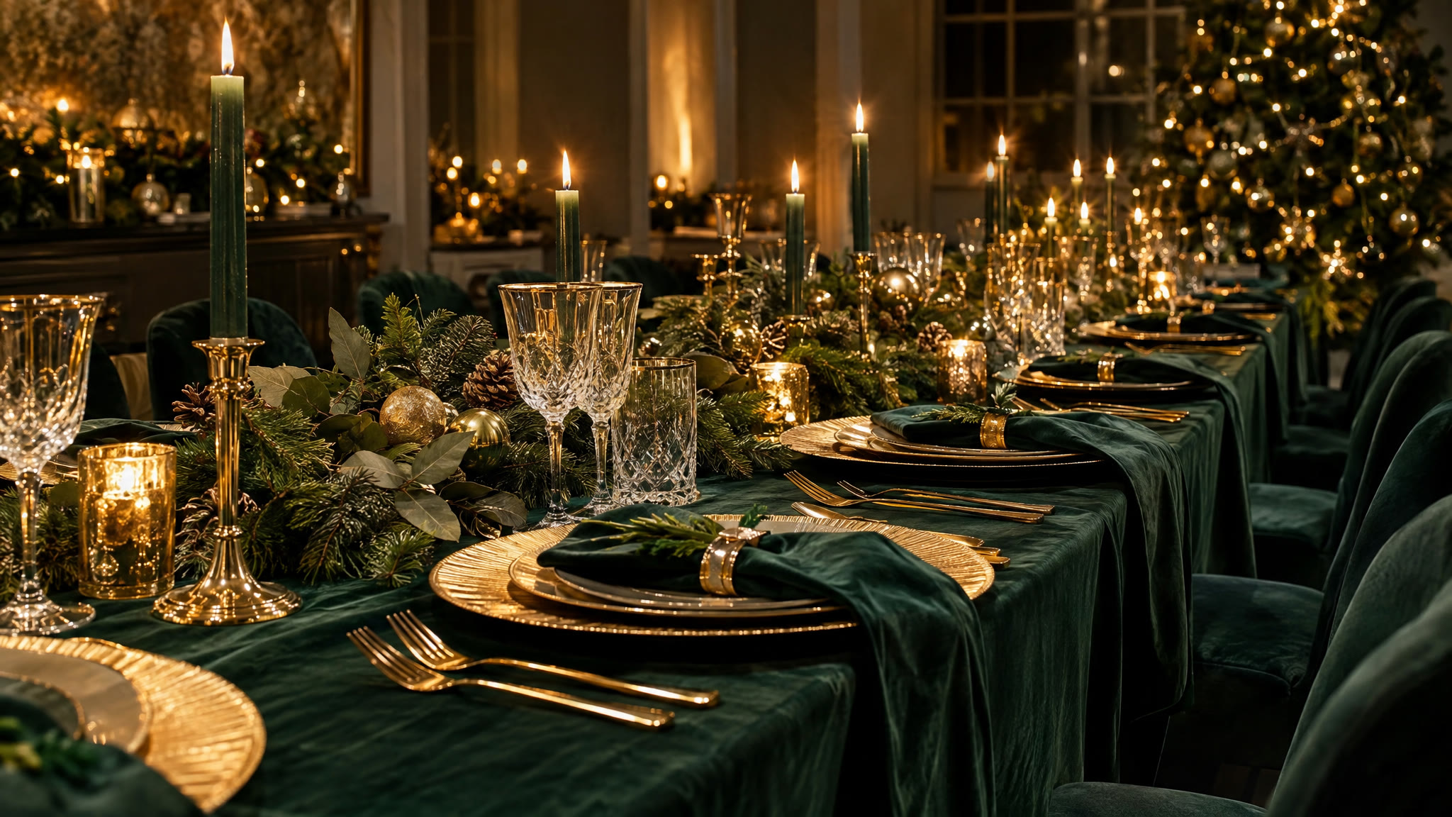 An elegant green-and-gold themed corporate Christmas banquet table