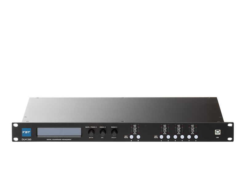 FBT DLM 260 front: screen, encoder, 6 output mutes