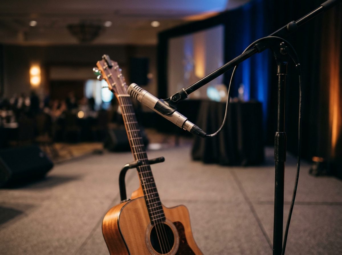 Small-diaphragm condenser mic on a boom over an acoustic guitar