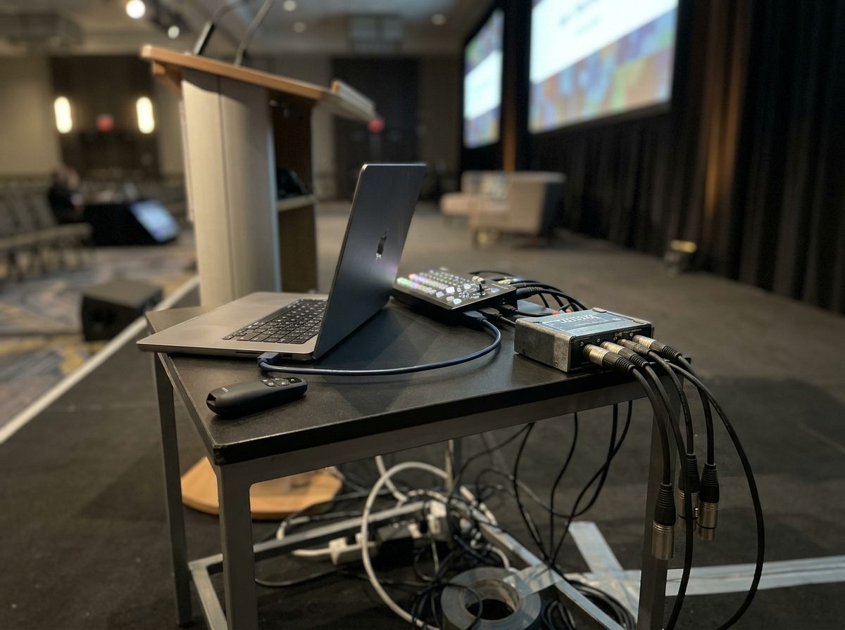 Laptop connected by HDMI to a switcher and through a DI box to the desk