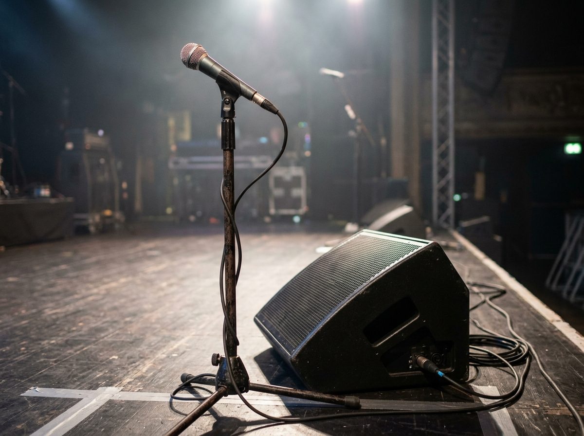 Vocal mic on a stand with a wedge monitor on the floor in front of it