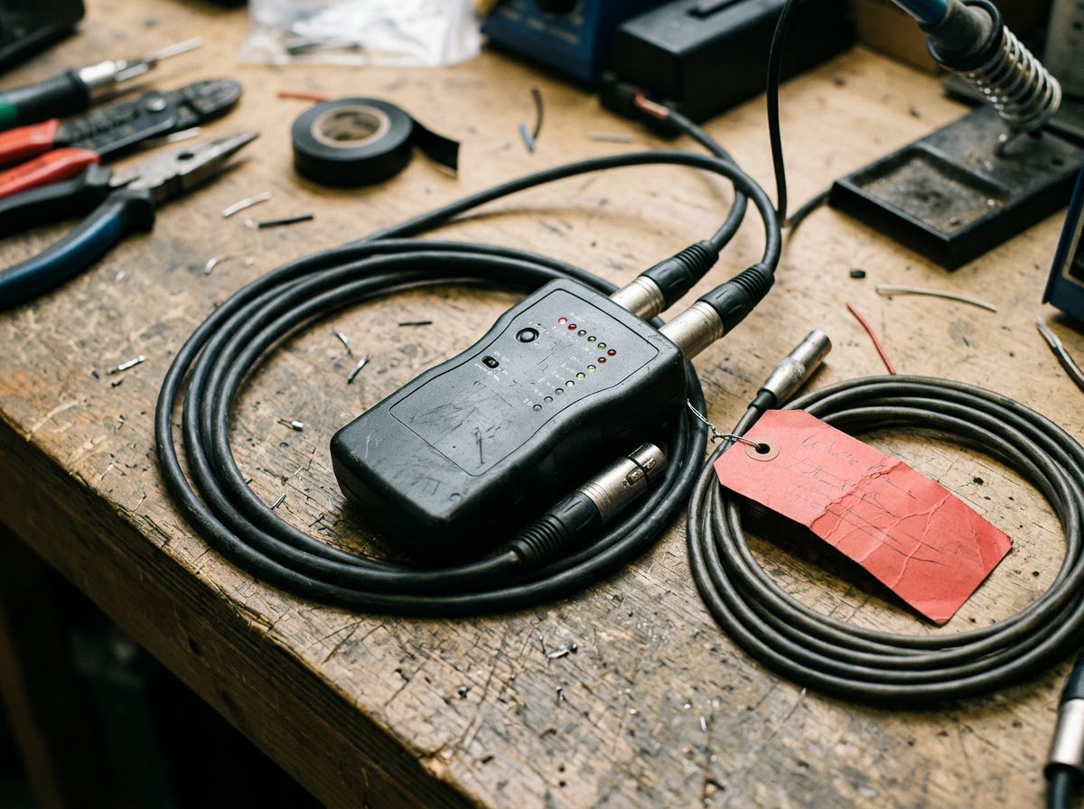 Cable tester connected to an XLR beside a red fault tag