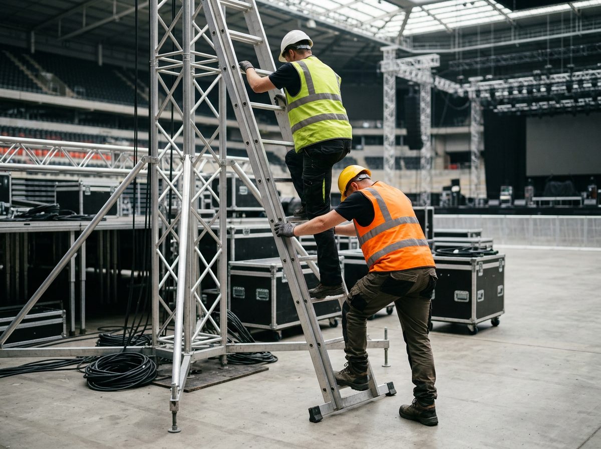 Crew member on a ladder with another footing it