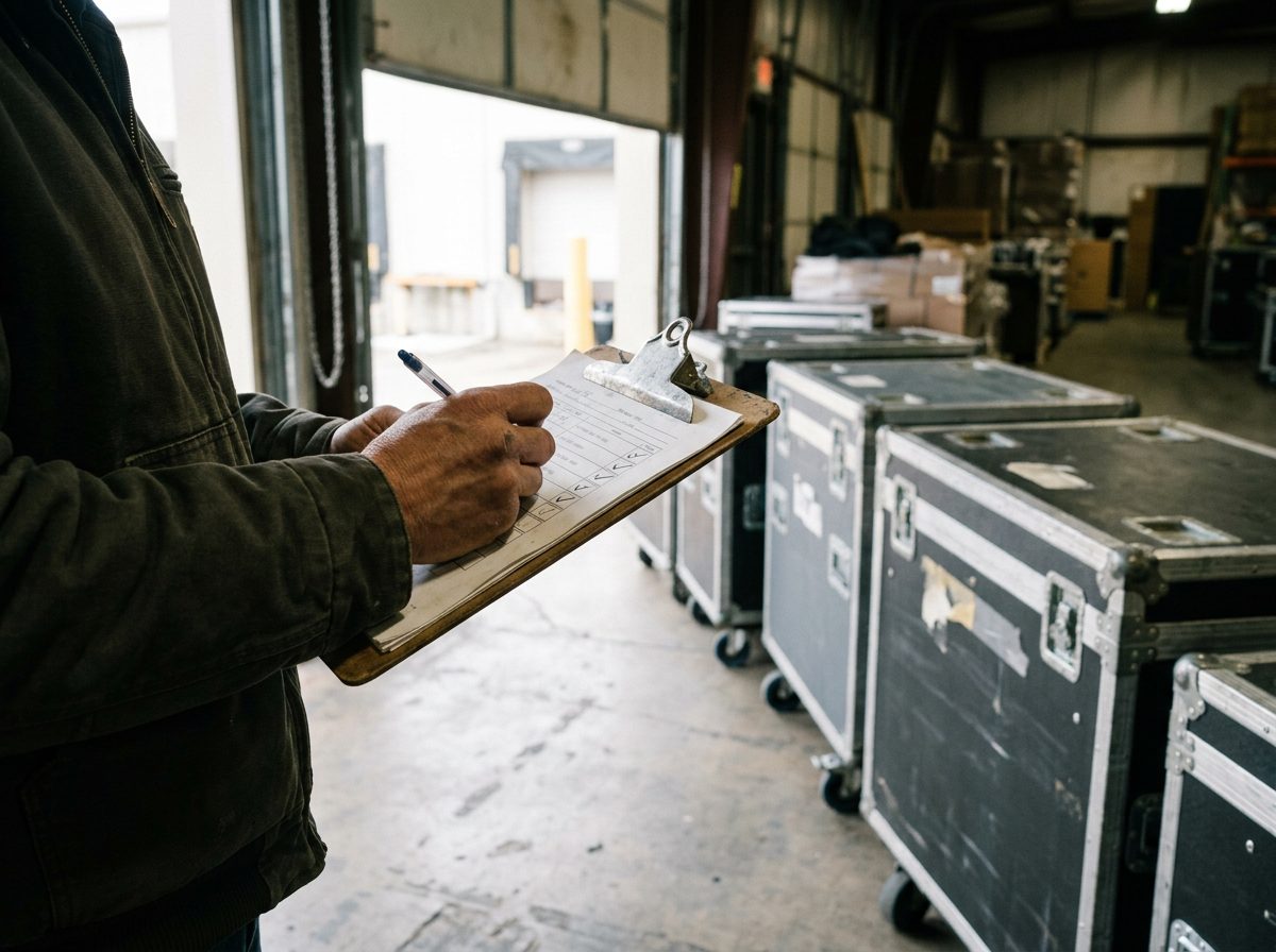 Technician ticking off a check-in sheet beside flight cases