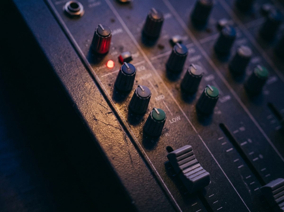 Close-up of a mixer channel strip with gain, high-pass, EQ and fader