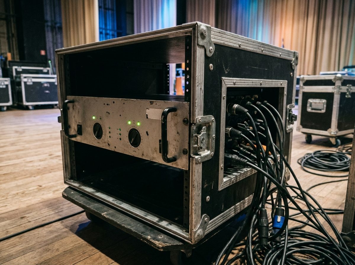 Two-channel power amplifier in a flight-case rack backstage