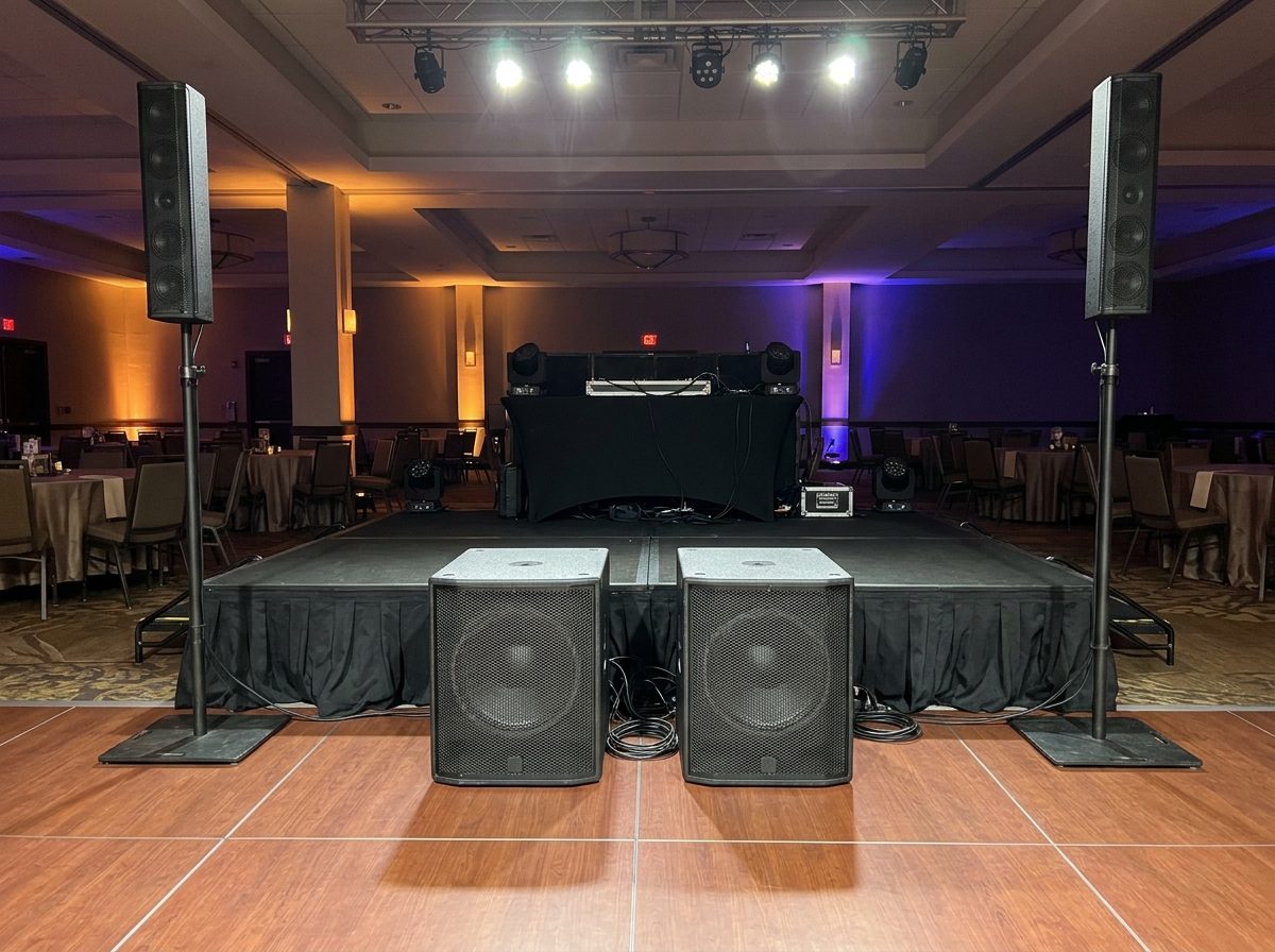 Two powered subwoofers side by side at the centre front of a stage, columns on poles either side
