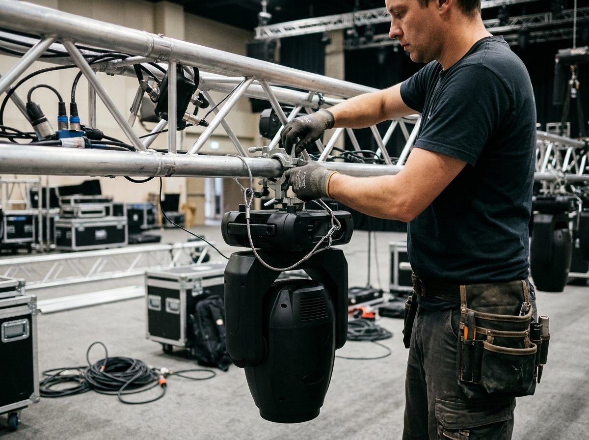Technician clamping a moving head to a truss with a safety bond attached