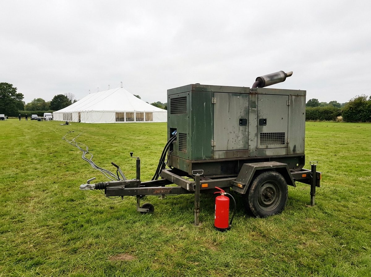 Trailer generator on grass away from a marquee with a fire extinguisher beside it