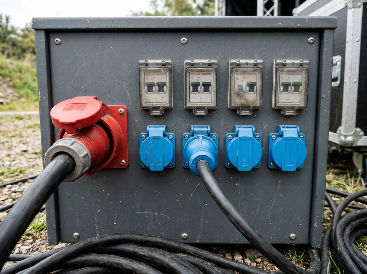 Rear of a distro with a red 63 A inlet, blue 32 A outlets and breakers