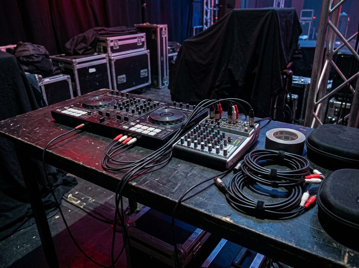 DJ controller and small mixer backstage with RCA and XLR cables connected