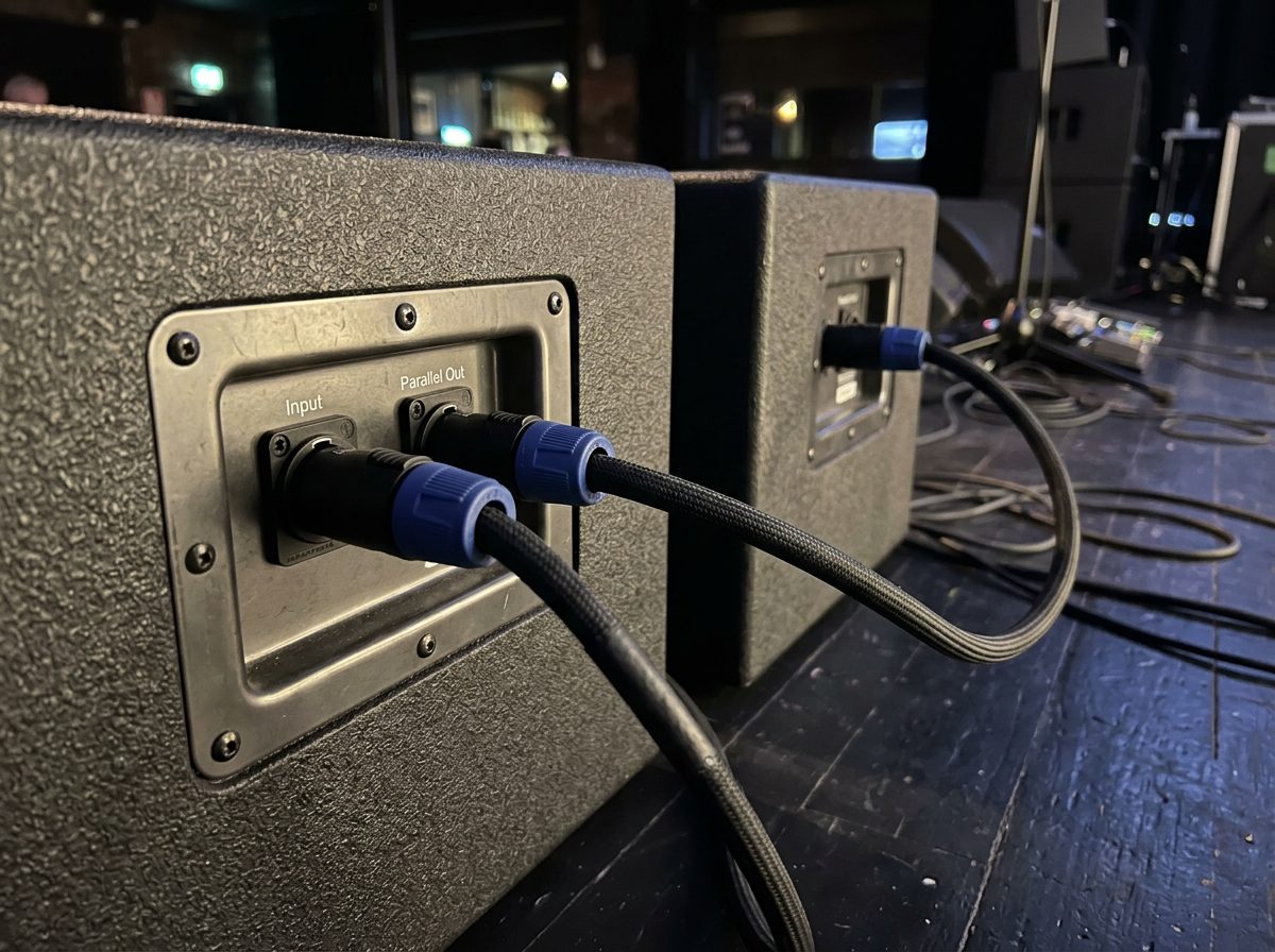 Two passive speakers linked with a Speakon cable from the parallel output of the first