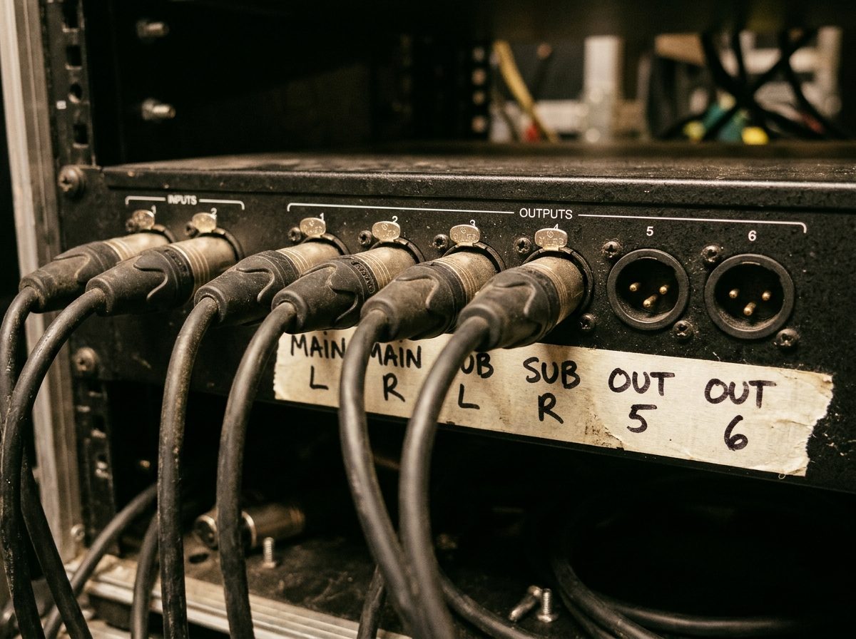 Rear: 2 XLR in, 6 XLR out, tape labels