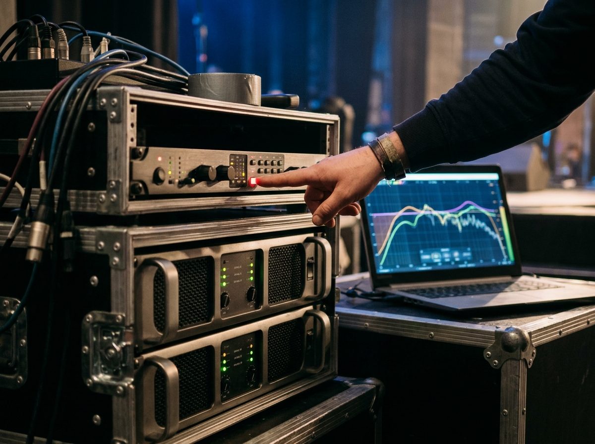 Technician pressing an output mute on a rack processor, laptop with a frequency graph beside the amps