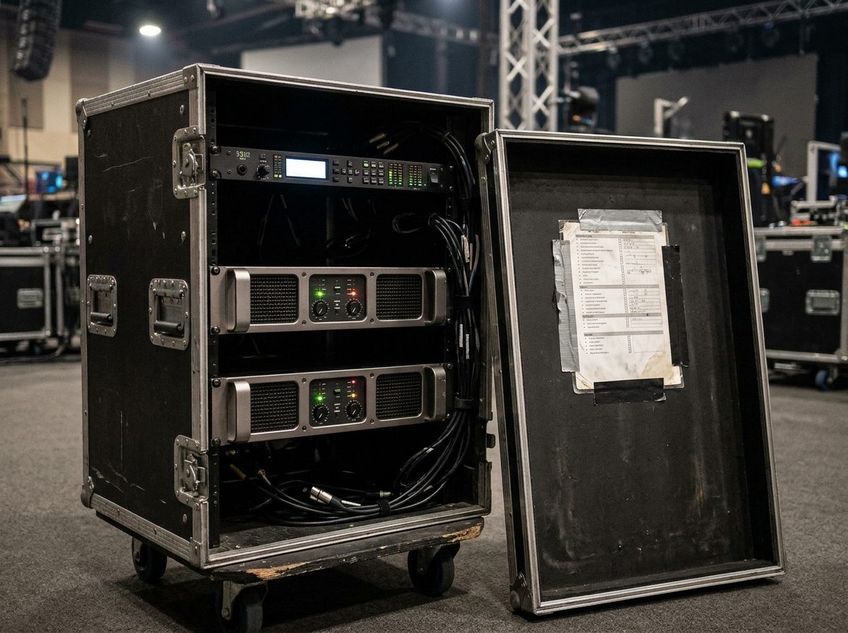 Amp rack with the lid open and a laminated checklist taped inside