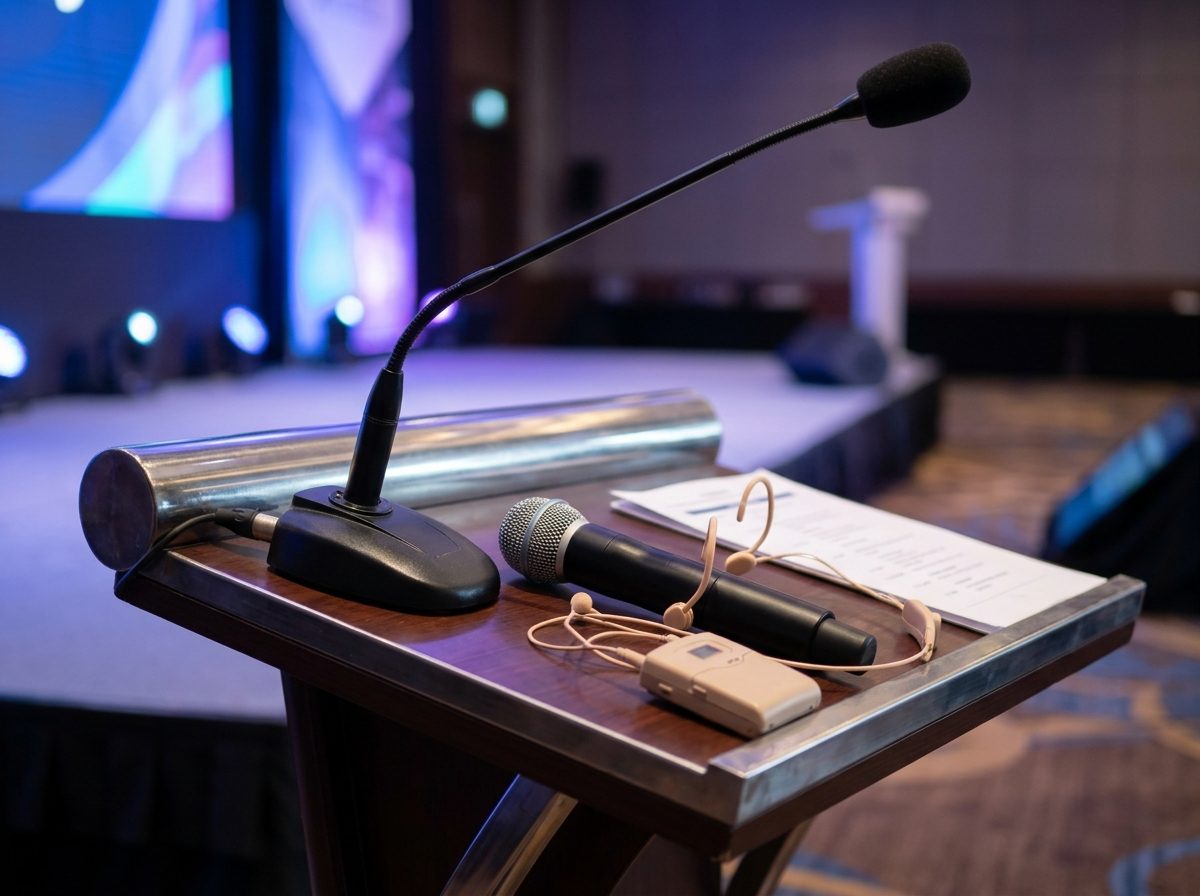 Lectern with a gooseneck mic, a handheld and a headset